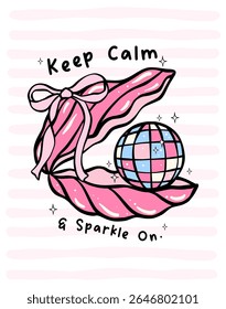 Cute pastel disco ball in seashell with quote in coquette fisherman aesthetic perfect for sticker design, wall prints and uplifting ocean art