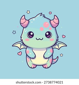 Cute pastel dragon creature with bat wings and horns smiling