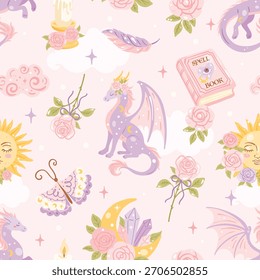 Cute Pastel Dragão Sem Costura Padrão Mágica Fantasia Rosas Lua Sol Livro