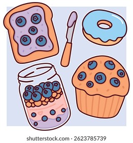 Desenho de pastel bonito de torrada de mirtilo, donut, muffin e jar com parfait de baga em camadas em tons de laranja macia e azul