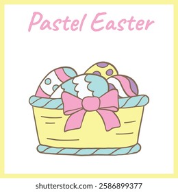 Cute pastel Easter basket decorated with a pink bow and filled with colorful patterned eggs, perfect for festive and spring-themed designs