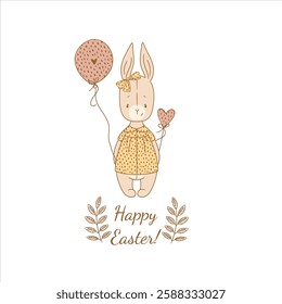 Cute Pastel Easter Bunny with Balloons – Spring Holiday Illustration, Adorable Fluffy Rabbit, Happy Easter Celebration, Festive Cartoon Character for Kids and Greeting Cards