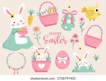 Nette pastellfarbene Osterclipart-Kollektion mit bezaubernden Hasen, dekorierten Ostereiern, Körben, Blumen, Karotten und einem kleinen Küken. Die Illustration ist im sanften, flachen Cartoon-Stil gehalten.