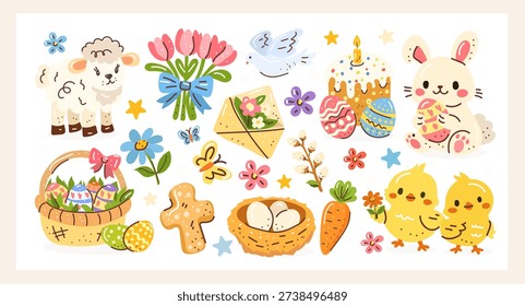 Cute pastel Easter clipart set with bunny, chicks, lamb, decorated eggs, basket, cake, flowers, dove, carrot, nest and icons. Perfect for cards, invitations, stickers, scrapbooking and prints.