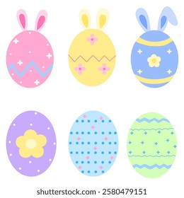 cute pastel easter eggs with bunny ears, festive holiday decoration set