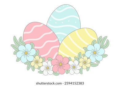Cute pastel Easter eggs surrounded by colorful pastel flowers isolated on a transparent background. Happy Easter. Hand drawing for spring or Easter greeting cards. Vector illustration