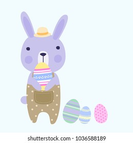 Cute Pastel Easter Rabbit Holding an Easter Eggs, Simple Vector Style.
