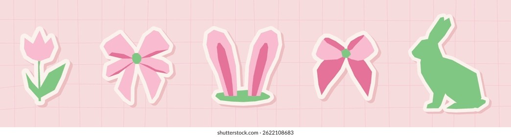 Cute pastel Easter stickers in paper cut style. Bunny, tulip, bows, and bunny ears. Ideal for planners, greeting cards, spring crafts, and digital decor.