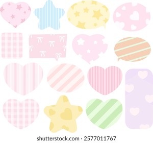 Cute pastel elements of hearts, stars, text bubbles, rectangle shapes for Valentine card, love sign, logo, symbol, label, icon, patch, brooch, fabric print, sticker, decoration, tattoo, girly stuff