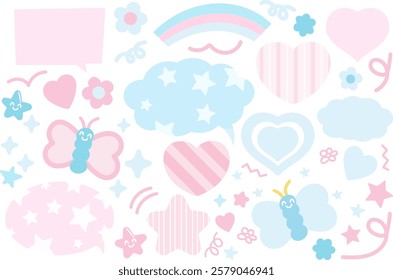 Cute pastel elements of hearts, stars, text bubbles, butterfly, rainbow for cute shapes, Valentine card, love sign, symbol, label, icon, patch, brooch, fabric print, sticker, decoration, tattoo, logo