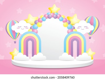 Cute Pastel Fantasy Kawaii Backdrop Stage 3d Illustration Vector On Sweet Pink Background For Putting Object