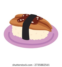 Cute pastel flat vector illustration of unagi sushi nigiri, eel sushi with sweet sauce and seaweed wrap on rice, colorful cartoon Japanese food icon isolated on white background, kawaii seafood dish for menu, sticker