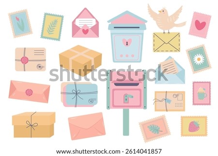 Cute pastel flat vector illustration of mail and delivery elements including envelopes, parcels, mailboxes, stamps and a bird. 