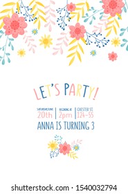 Cute Pastel Floral Design For Invitation To Party Vector Illustration