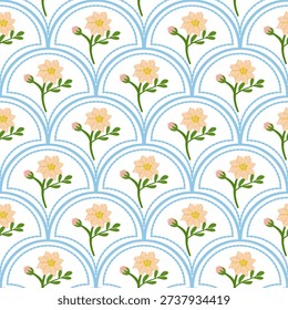Cute Pastel Floral Seamless Pattern with Scallop Arch Design and Hand Drawn Flowers