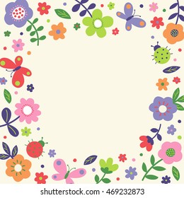 Cute pastel flower, butterfly and ladybug border frame vector