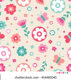 Cute pastel flower and butterfly pattern vector background