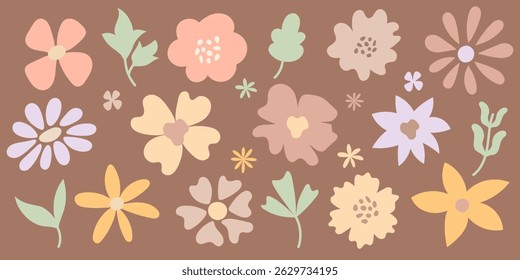 Cute pastel flower collection on Mocha Mousse background. Flat floral elements in soft vintage colors for boho design, spring decor, kids pattern, greeting cards, and textile print projects.