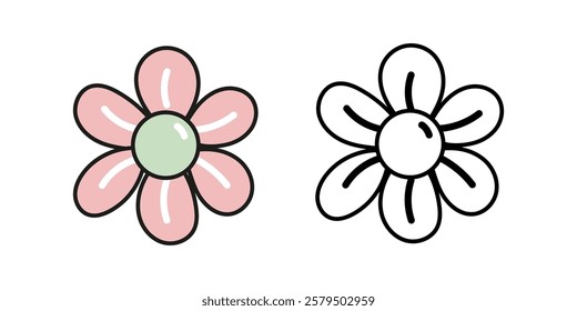 Cute pastel flower doodle flat  and outline illustration for eco and nature themes

