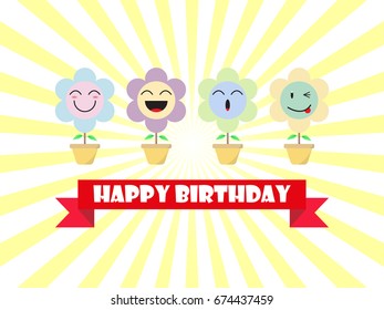 Cute Pastel Flower Emoji Happy Birthday Card As 4 Happy Cartoon Facial Expressions, Smile, Laugh, Ho Ho, Wink. Useful For Birthday Blessing, Delight & Fun Occasion,  Emotional Reaction Of Enjoyment. 