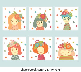 cute pastel flower head girl face flat