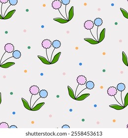 Cute pastel flower and polka dots. Floral leaf. Abstract cartoon seamless pattern. Texture for card, fabric, wrapping, textile, wallpaper, background, paper gift, scarf, phone case, wrapping.