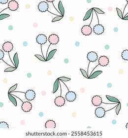 Cute pastel flower and polka dots. Floral leaf. Abstract cartoon seamless pattern. Texture for card, fabric, wrapping, textile, wallpaper, background, paper gift, scarf, phone case, wrapping.