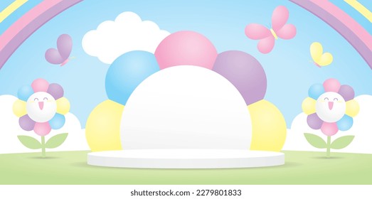 adorable escenario de pantalla de fondo en forma de flores pastel con alegre flor colorida y mariposa y cielo arcoiris 3d ilustración vector para poner objeto al estilo kawaii