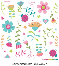 Cute pastel flowers and ladybugs seamless vector pattern