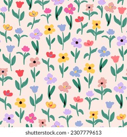 Cute pastel flowers with leaves seamless repeat pattern. Vector, botany all over surface print on white background.