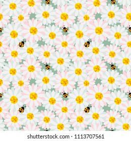 Cute pastel flowers seamless repeat pattern with ladybug on soft green background,design for fabric,textile,print or wrapping paper,vector illustration