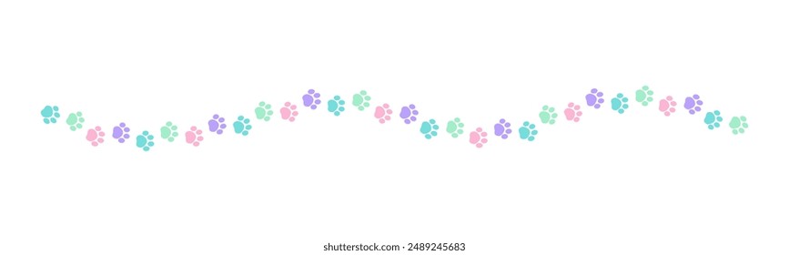 Cute pastel footprints of pets, dog or cat separator border. Paw print pattern, animal track walking vector illustration design element.