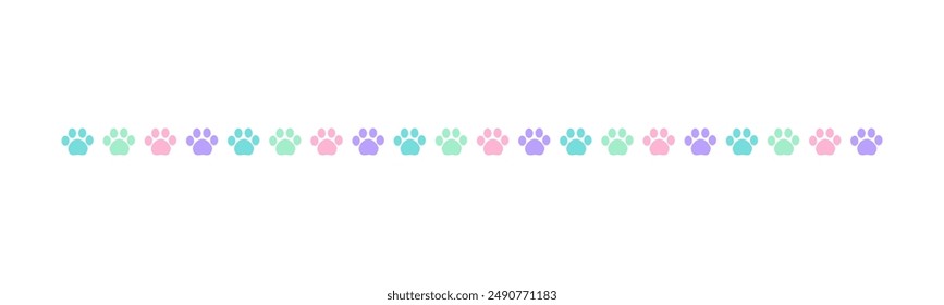 Cute pastel footprints of pets, dog or cat separator border. Paw print pattern, animal track walking vector illustration design element.