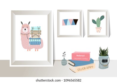 cute pastel frame with llama and cactus in scandinavian style