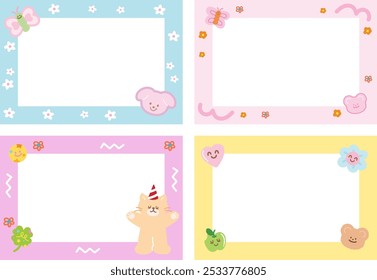 Conjunto de marco pastel lindo con gato, sombrero de fiesta, cachorro, oso de peluche, hoja de trébol, mariposa, manzana, corazón para el fondo, Fondo de pantalla, telón de fondo, marco polaroid, tarjeta de la foto, Anuncio, rectángulo y Plantilla, impresión