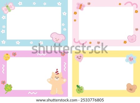 Cute pastel frame set with cat, party hat, puppy, teddy bear, clover leaf, butterfly, apple, heart for background, wallpaper, backdrop, polaroid frame, photo card, banner, rectangle ad template, print