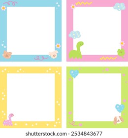 Cute pastel frame set with dinosaur, puppy, cat for cartoon background, wallpaper, backdrop, polaroid frame, photo card, banner, square ad template, print, animal, pet, memo, sticky note, book cover