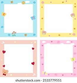 Cute pastel frame set with teddy bear, butterfly, flowers, heart for background, wallpaper, backdrop, polaroid frame, photo card, banner, square ad template, animal print, zoo, souvenir, valentine's