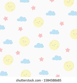 Cute Pastel Full Moon Cloud and Star Seamless Pattern Wallpaper Background Design
