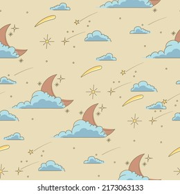 CUTE PASTEL GALAXY SPACE PATTERN DESIGN. VECTOR SEAMLESS DESIGN ILLUSTRATION
