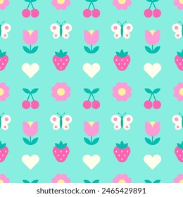 Cute pastel geometrical berry, flower, butterfly and heart seamless pattern background.