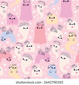 Cute Pastel Ghosts with Quirky Decorations in Hand Drawn Style. Soft Halloween seamless pattern for kids. Charming and friendly ghost characters with stars and subtle colors perfect for cards