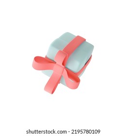 Cute pastel gift box. 3D render holiday surprise box. Flying blue box with pink ribbon. Realistic vector icon for birthday, Christmas or wedding design isolated on white background.