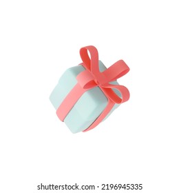Cute pastel gift box. 3D render holiday surprise box. Flying blue box with pink ribbon. Realistic vector icon for birthday, Christmas or wedding design isolated on white background.