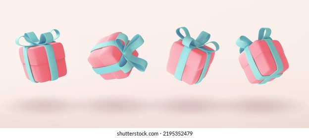 Cute pastel gift boxes different angles set. 3D holiday surprise boxes. Flying pink boxes with turquoise bow ribbons. Realistic vector isolated icons for birthday, Christmas or wedding design.