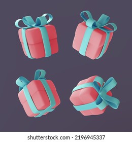 Cute pastel gift boxes different angles set. 3D holiday surprise boxes. Flying pink boxes with turquoise bow ribbons. Realistic vector isolated icons for birthday, Christmas or wedding design.
