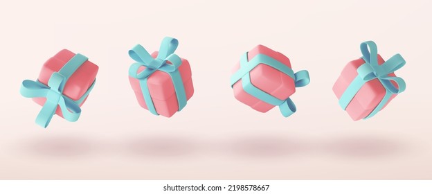Cute pastel gift boxes different angles set. 3D holiday surprise boxes. Flying pink boxes with turquoise bow ribbons. Realistic vector isolated icons for birthday, Christmas or wedding design.