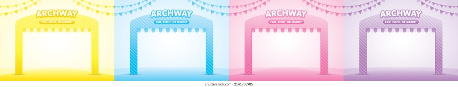 cute pastel girly archway entrance 3d illustration vector collection with triangle rail flag graphic element for fair or event or market advertising artwork