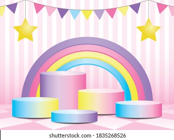 Cute pastel gradient podium with rainbow backdrop in lovely pink scene 3D illustration vector.
