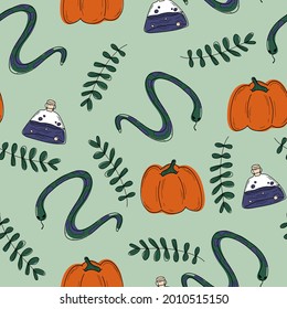 Cute pastel green vintage pattern with doodles snakes, potion, plant, branch, pumpkin, halloween, magic. Seamless background. Textiles for children. Minimalism paper scrapbook for kids. 